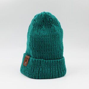 Handmade Hand Knit Caribbean Blue Green Merino Wool Ribbed Knit Beanie Hat
